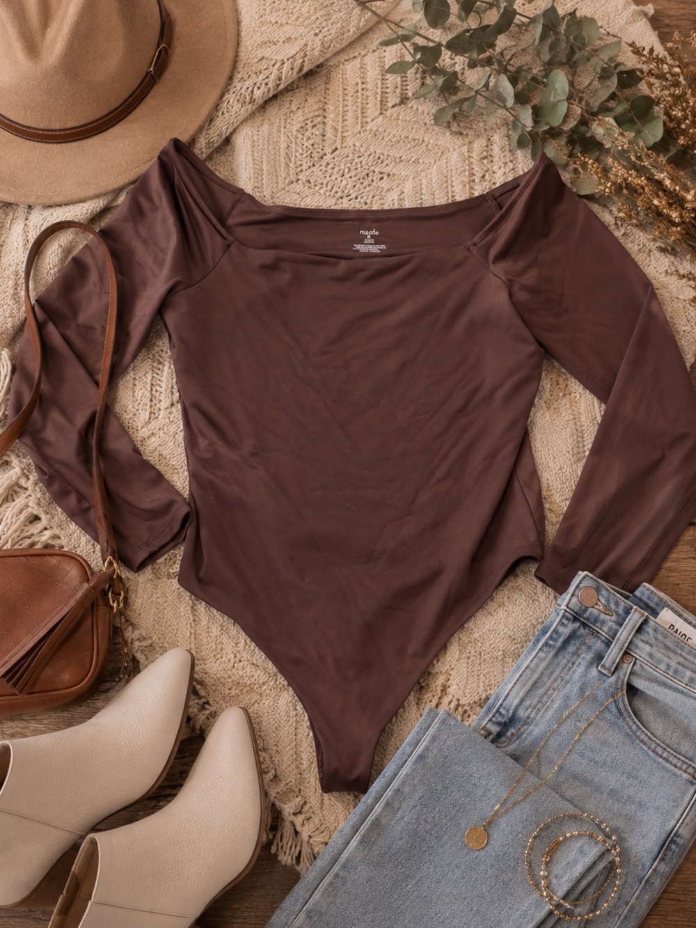 Nuuds XL Chocolate Brown Off Shoulder Long Sleeve Sculpting Bodysuit